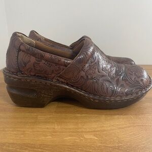 EUC BOC tooled floral pattern brown Peggy slip on clogs size 7M